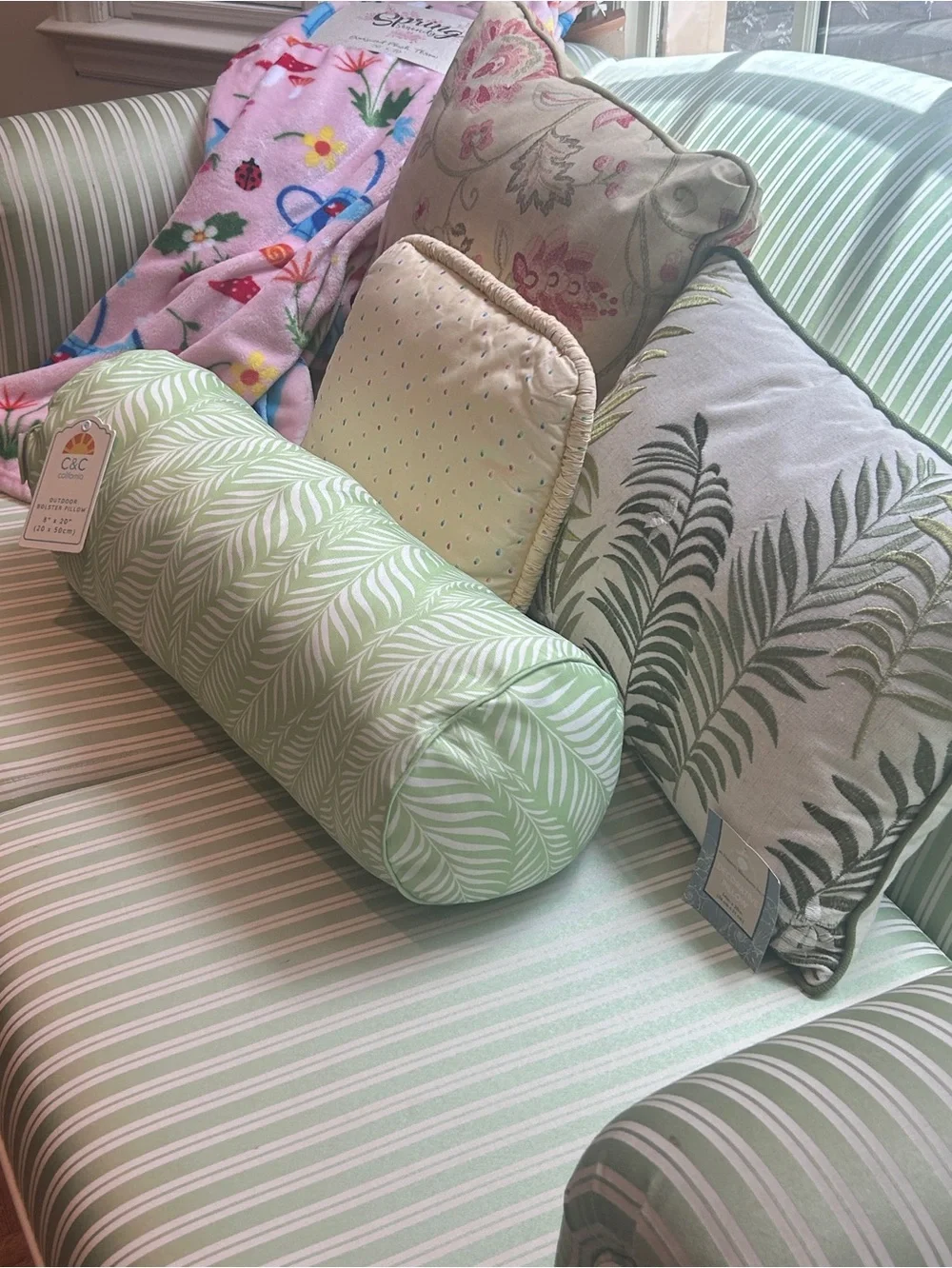 2 PC Ferns in Green + White Outdoor Bolster Pillow + Embroidered Palm Pillow NEW